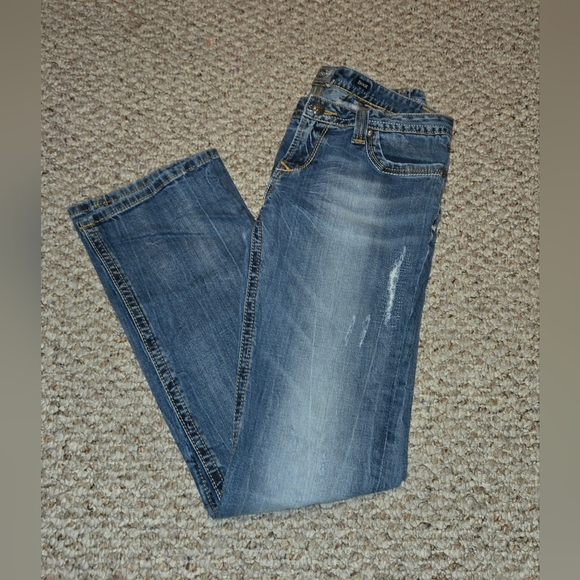 REROCK for EXPRESS Distressed Boot Blue Jeans Sz 10R Patch Work Women's - Picture 1 of 10